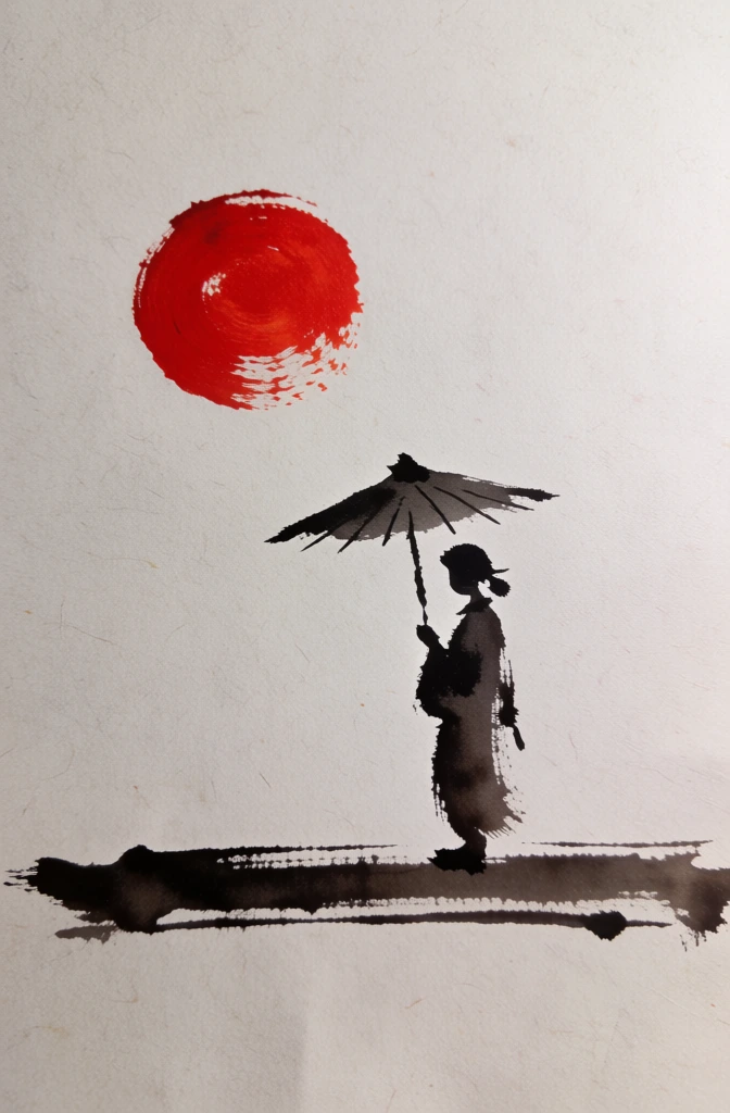 solitary figure with umbrella beneath red sun, sumi-e ink painting, minimalist serene mood
