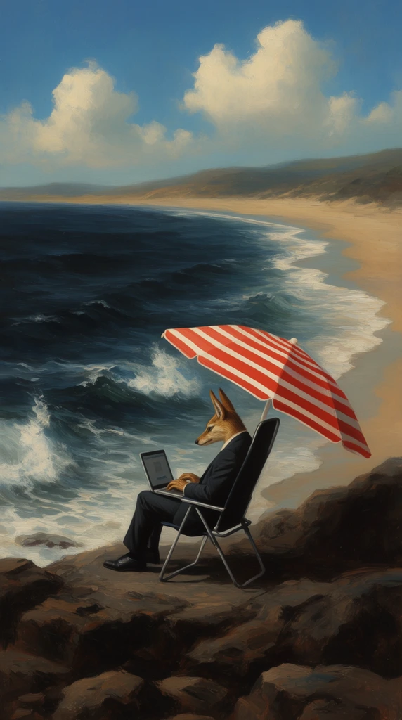 anthropomorphic jackal figure in a dark suit sitting in a black folding beach chair on a rocky shoreline, typing on a silver laptop, tilted red and white striped beach umbrella providing shade, turbulent dark blue ocean with crashing whitecaps, jagged dark brown foreground rocks, sweeping sandy bay, distant rolling hills, bright blue sky with fluffy white cumulus clouds, traditional oil painting style, visible brushstrokes, surrealism