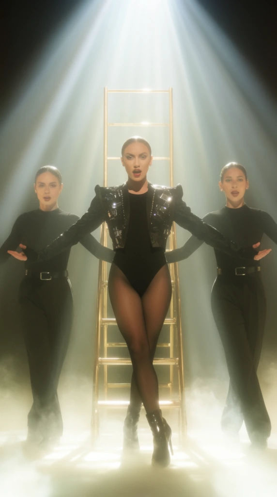 Three performers strike a dramatic pose on a foggy stage illuminated by intense backlighting. The central figure wears a black leotard, sheer tights, and a structured black jacket with metallic accents, standing with crossed legs. Behind them sits a gold-toned vertical ladder. Two supporting dancers flank the center, dressed in matching black long-sleeved tops, trousers, and belts. A powerful spotlight above casts thick volumetric rays through the hazy atmosphere. Low-lying smoke covers the floor. The symmetrical composition features a soft diffusion effect, creating a cinematic, glowing aesthetic.