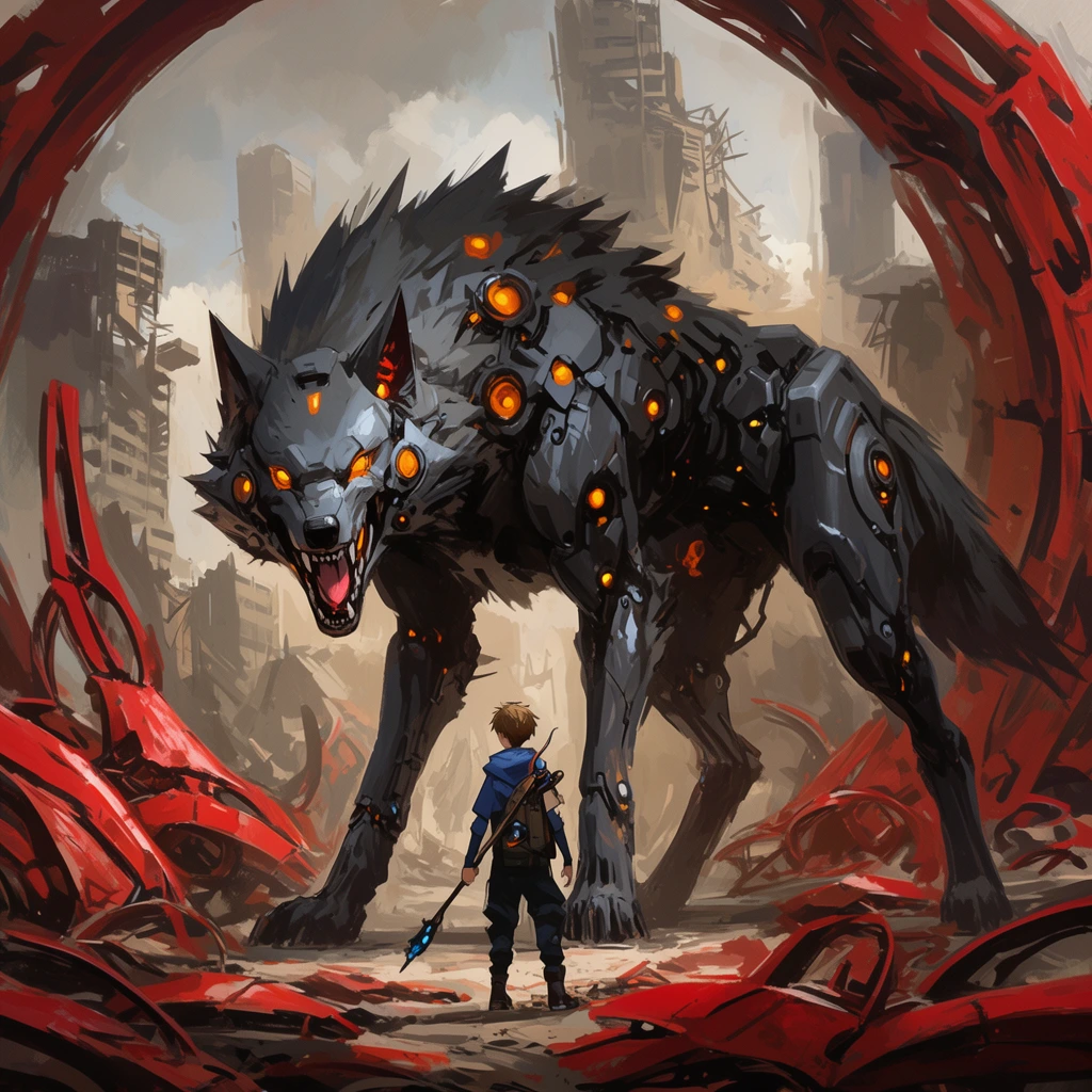 Massive mech wolf with glowing orange nodes towering over a boy holding a staff, post-apocalyptic ruins, twisted red metal, painterly concept art