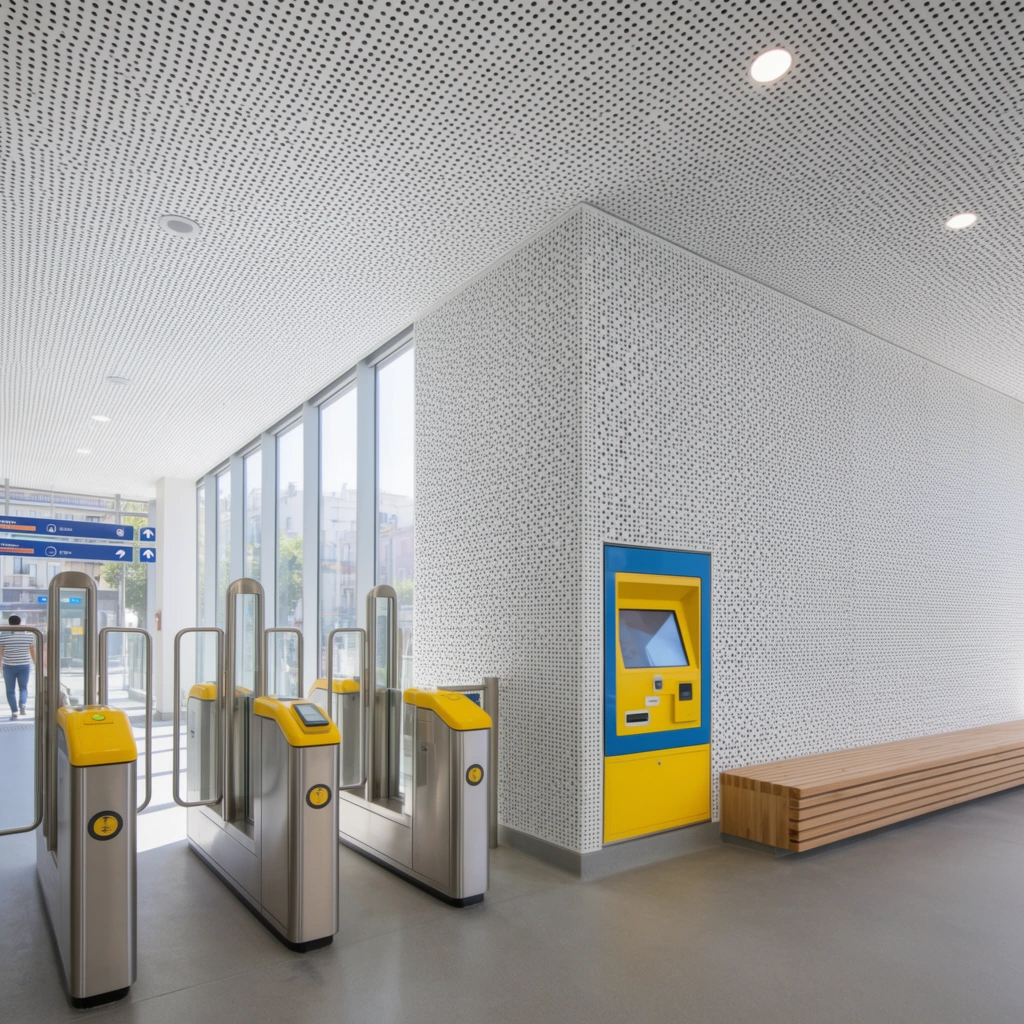 A modern transit station concourse defined by minimalist geometric architecture and stark contrasting colors. Sleek stainless steel and glass fare gates with vibrant yellow top panels stand on a smooth gray floor. The adjacent corner wall and dropped ceiling feature a dense, uniform pattern of small dark perforations punctuated by circular recessed lights. A bright yellow and blue automated kiosk is built flush into the patterned wall beside a long, slatted light-wood bench. Floor-to-ceiling windows on the left reveal a sunlit urban street, while a partially visible figure in a striped shirt walks through the distant gates below suspended blue directional signs. The wide-angle architectural photography emphasizes clean lines, deep depth of field, and the striking interplay between vivid yellow accents and pristine white textured surfaces.