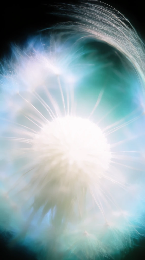 Luminous macro photograph of a dandelion seed head, intensely glowing white spherical core, delicate radiating wispy filaments, ethereal cyan and teal light halos, swept fibrous arc top right, pitch black background, extreme soft focus, overexposure