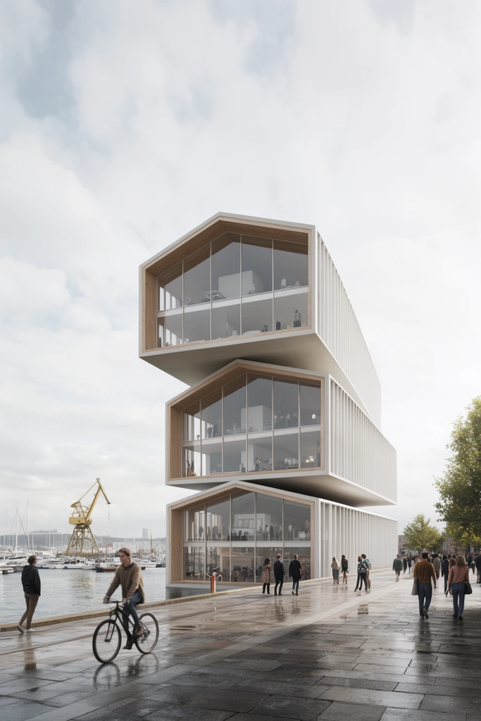 stacked cantilevered modern building with pitched roof volumes, expansive glass facades revealing interiors, white vertical side louvers, wide paved waterfront promenade with pedestrians and a cyclist, wet pavement reflecting a bright overcast sky, distant harbor with moored boats and a yellow industrial crane, photorealistic architectural visualization, wide-angle perspective, muted natural color palette, soft diffused daylight