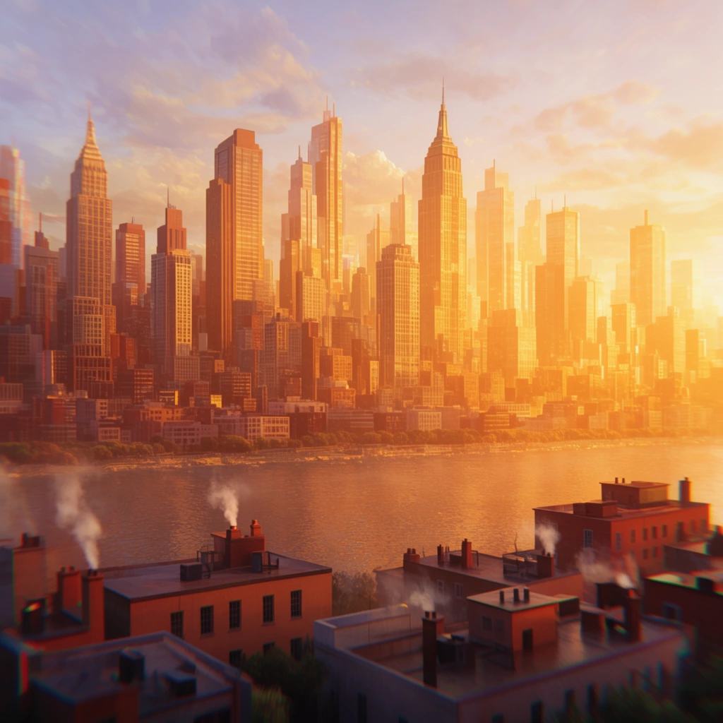 golden hour cityscape across a wide river, foreground flat-roofed buildings with smoking chimneys, towering background skyscrapers in intense amber sunlight, stylized 3D render, atmospheric haze, subtle chromatic aberration