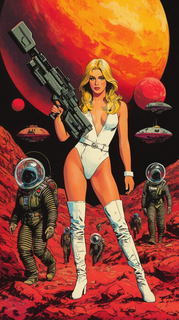 A retro-futuristic sci-fi illustration featuring a blonde woman on a rugged red alien planet. She wears a white leotard and thigh-high boots, holding a massive, blocky futuristic rifle. Surrounding her are figures in bulky ribbed spacesuits with opaque spherical bubble helmets exploring the rocky terrain. The black sky is dominated by a colossal orange and yellow planet, smaller red moons, and hovering disc-shaped spacecraft. Rendered in a 1970s pulp comic style with high-contrast inking and saturated warm tones.