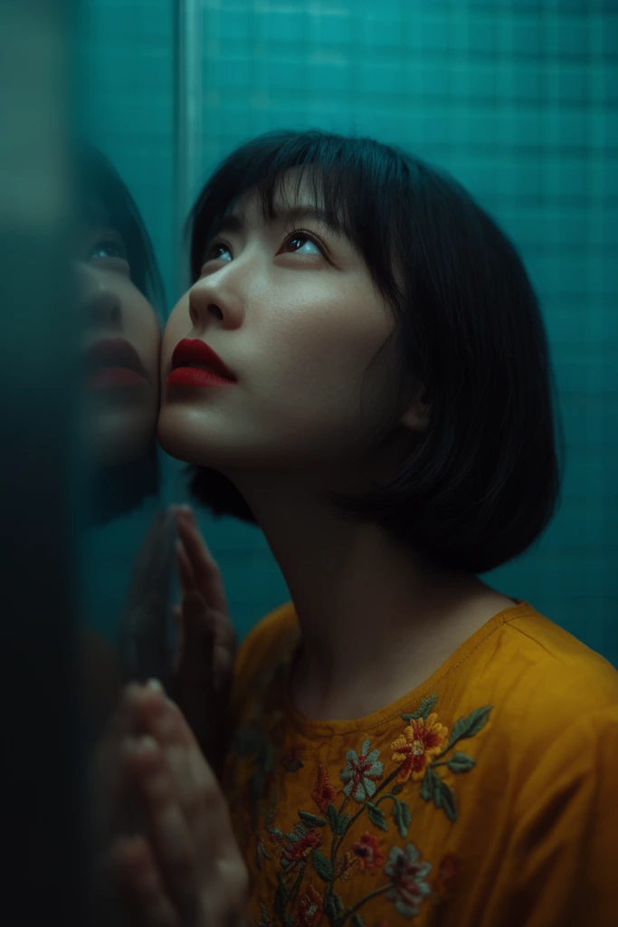 A cinematic close-up of a woman pressing her cheek against a sleek reflective surface, gazing upwards. She has short dark hair, red lipstick, and a mustard-yellow floral embroidered top. The out-of-focus background features teal square tiles, creating a striking cyan and orange color grading with moody atmospheric lighting.
