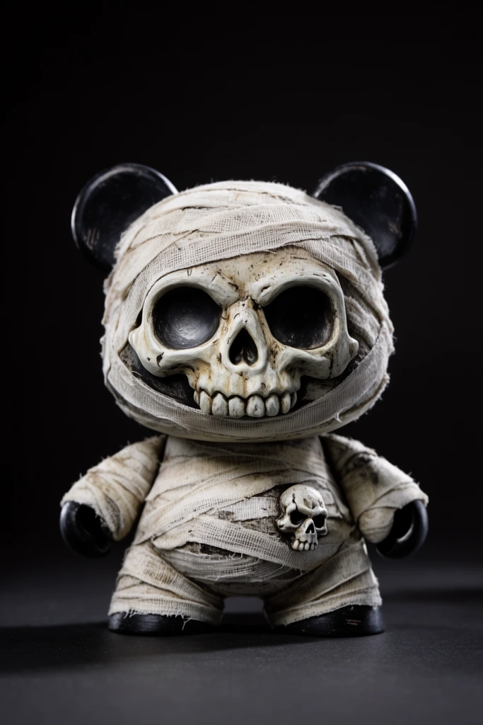 A squat designer vinyl toy bear features a weathered skull face and stout body tightly wrapped in tattered off-white mummy bandages. Round black ears, stubby black arms, and tiny black feet protrude from the gauze. A miniature skull emblem rests on its stomach. Dramatically spotlit against a pitch-black studio background, the composition highlights the gritty, aged, hand-painted textures.