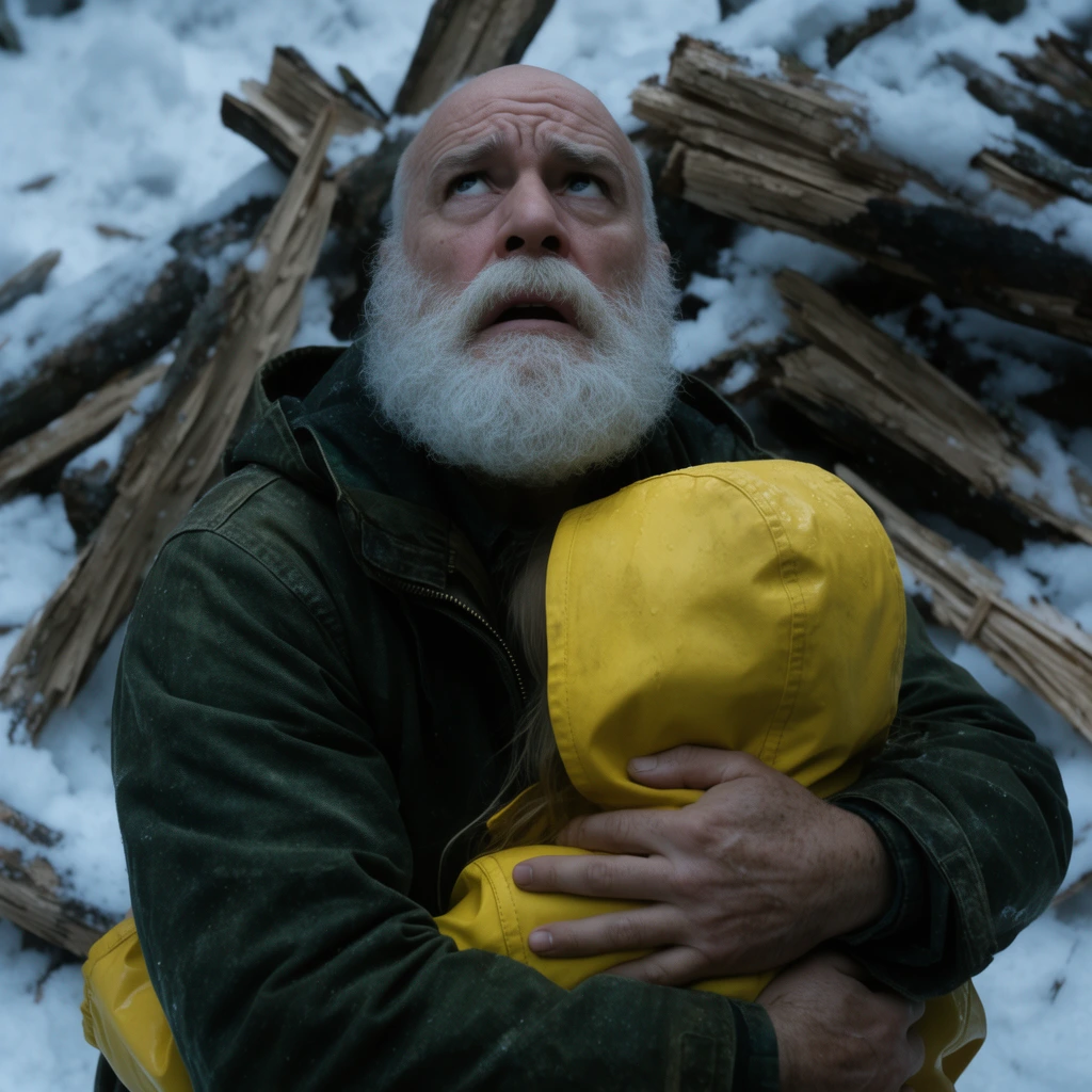 close-up of an older bald man with a thick white beard tightly embracing a child, intense worried upward gaze, dark green canvas jacket, child wearing a bright yellow raincoat with face hidden, surrounded by splintered wooden logs and deep snow, cinematic lighting, shallow depth of field, dramatic tense atmosphere
