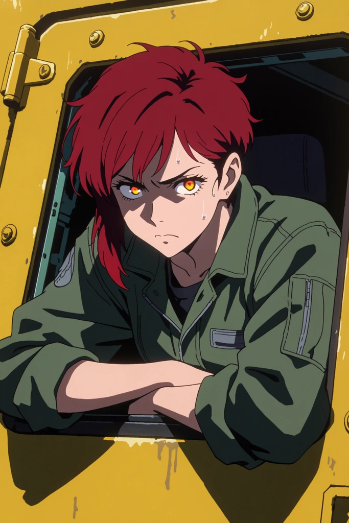 A tense young woman with a messy crimson pixie cut leans out the open window of a bright yellow armored vehicle. Her pale face is framed by sharp cel-shaded shadows, bearing an intense, sweating expression with glowing amber eyes. She wears a heavy olive-green mechanic's jumpsuit, resting her arms on the dark window ledge. The anime art style features flat colors and a cinematic medium close-up.