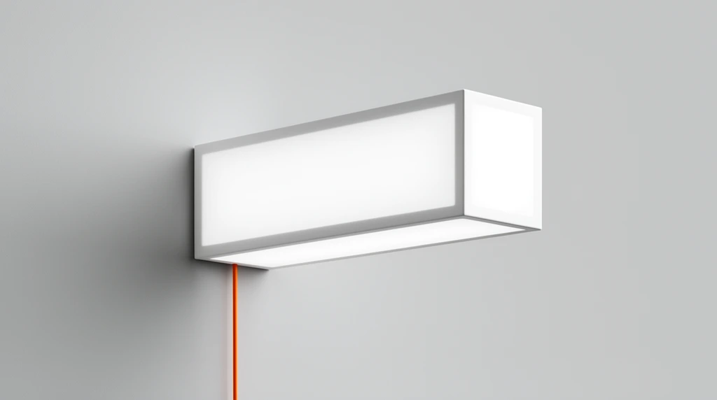 A minimalist, rectangular white light box extends horizontally from a smooth, matte light grey wall. The geometric fixture features sharp edges and translucent illuminated panels. A thin, bright orange cable drops vertically from the bottom left edge, creating a striking pop of color against the monochromatic background. Soft, diffused studio lighting casts a subtle drop shadow beneath the protruding structure, emphasizing stark modern simplicity and the contrast between the rigid white block and the trailing wire.