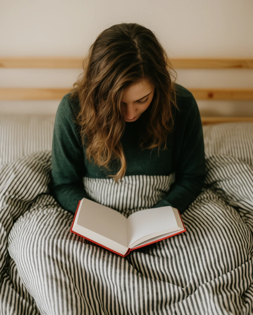 A young woman sits in bed looking down at an open book with blank white pages and a red cover. Wavy brown hair falls forward over her face as she reads. She wears a dark green long-sleeved top, with her lower body submerged under thick, rumpled black-and-white striped bedding. A wooden headboard rests against a plain cream wall in the soft-focus background. The lifestyle photograph employs soft natural lighting, a warm muted color palette, and a high-angle perspective.