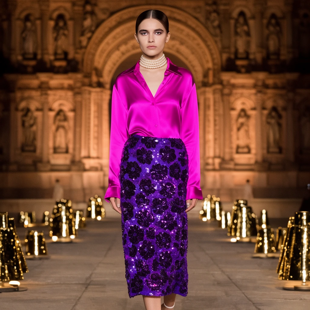 fashion model walking stone runway, vibrant fuchsia silk shirt, purple sequin floral skirt, pearl choker, ornate illuminated monumental archway background, scattered gold floor lamps, dramatic fashion lighting