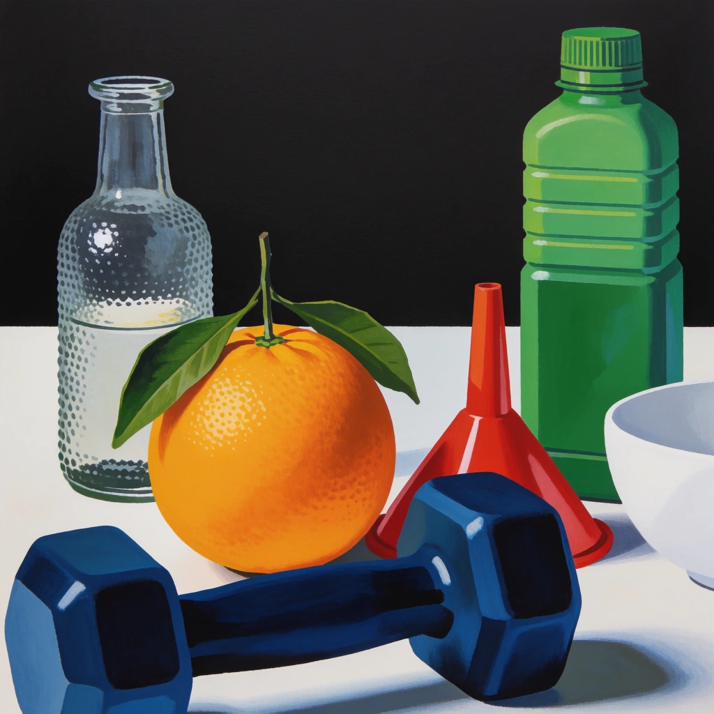 A vibrant still life painting features a collection of everyday objects, including an orange, bottles, and a dumbbell, arranged on a white surface against a solid black background. In the immediate foreground, a dark blue dumbbell lies horizontally across the bottom of the frame, showing its blocky ends and a smooth connecting bar. Behind the dumbbell, a large, round orange sits prominently, its textured skin a bright citrus hue with two green leaves still attached to a thin brown stem. To the left of the orange, a clear glass bottle with a pebbled texture and a slender neck contains a small amount of transparent liquid. To the right of the orange, a bright red conical funnel sits upright, partially obscured by the dumbbell. Further right, a green plastic bottle with a rectangular body and a ribbed cap stands tall, its surface marked by several horizontal indentations near the top. A small portion of a smooth white bowl is visible on the far right edge of the composition. The objects are arranged on a flat, white surface that occupies the lower half of the frame, meeting a stark, matte black background that fills the upper half. The lighting appears to come from the left, casting soft, diffused shadows to the right of each object. The artistic style uses clean edges, bold color blocking, and simplified forms to create a modern, graphic representation of the still life scene.