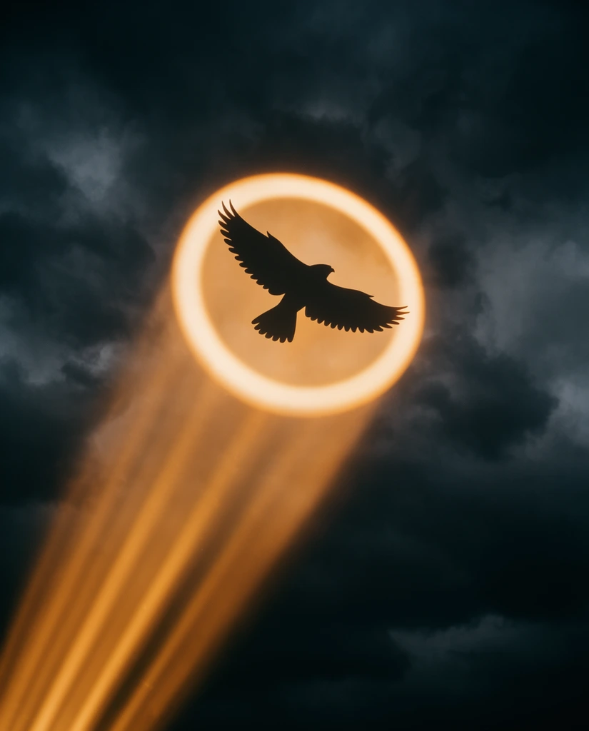 A brilliant amber spotlight projects a glowing circular emblem onto dark heavy atmospheric clouds. Inside the luminous ring the dark silhouette of a soaring falcon is sharply defined. Strong volumetric light rays angle upward from the bottom left piercing the moody charcoal-grey night sky.