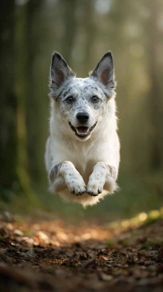 A white and grey speckled dog leaps mid-air toward the camera in a forest. The dog has perked ears, wide eyes, an open mouth, and paws tucked under its chest. The heavily blurred woodland background features muted greens and browns with a shallow depth of field. Soft sunlight highlights the dog's fur above scattered dried leaves. High-speed action photography.