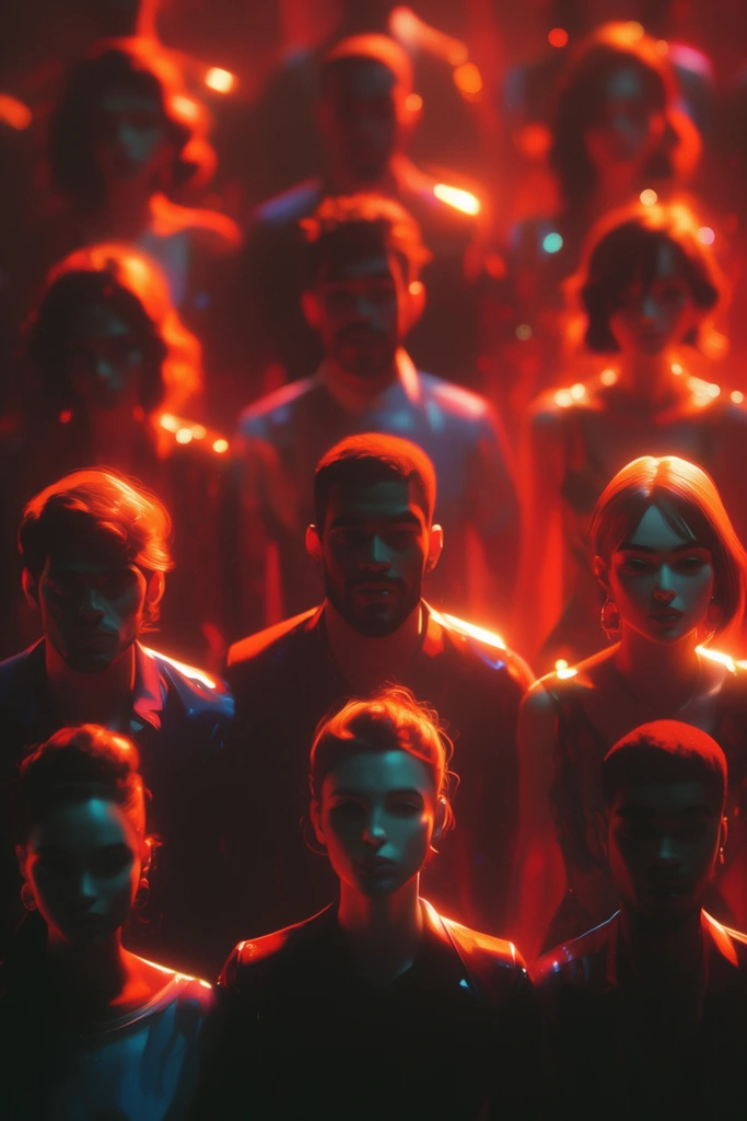 Three rows of stylized men and women standing, rendered in a hyper-realistic, cinematic digital art style. The figures are subjected to extreme high-contrast, dual-tone lighting featuring intense, warm fiery orange and vibrant red ambient illumination that casts sharp rim light across their silhouettes. This heavy warm glow directly contrasts with deep cyan and teal shadows pooling on their unlit features. The camera utilizes a dramatic shallow depth of field, keeping the front row in crisp, highly detailed focus with distinct surface textures and glossy specular highlights, while the subsequent rows and background transition into a soft, hazy blur with luminous, circular bokeh effects. The deeply saturated color palette is grounded in crushed black tones, neon reds, and cool blues. The composition features a dense, atmospheric environment enhanced by visible film grain, subtle optical halation around the brightest illuminated edges, and a polished, premium high-fidelity rendering aesthetic.