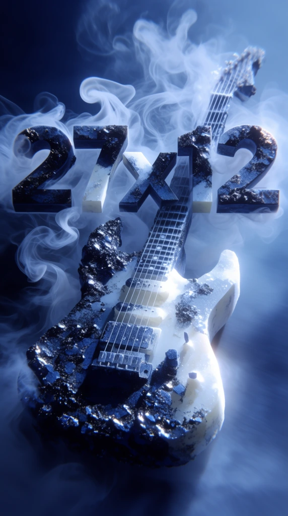 A blocky electric guitar positioned below the floating text '27x12', rendered in a high-contrast, atmospheric aesthetic. The guitar exhibits a pronounced textural dichotomy, heavily layered with rough, dark-charcoal crystalline encrustations catching sharp metallic highlights, juxtaposed against smooth, intensely luminous pale sections. Intricate, undulating tendrils of opaque white smoke swirl tightly around the instrument and typography, resembling fluid, ethereal ink-in-water dispersions. The composition is bathed in a monochromatic color palette of deep navy blues, icy cyans, and stark whites. Intense, directional lighting casts enveloping shadows and radiant glowing edges across the blocky forms, while the background dissolves into a soft, hazy gradient of cool blue mist with subtle motion blur, utilizing a shallow depth of field to emphasize the highly tactile central subject.