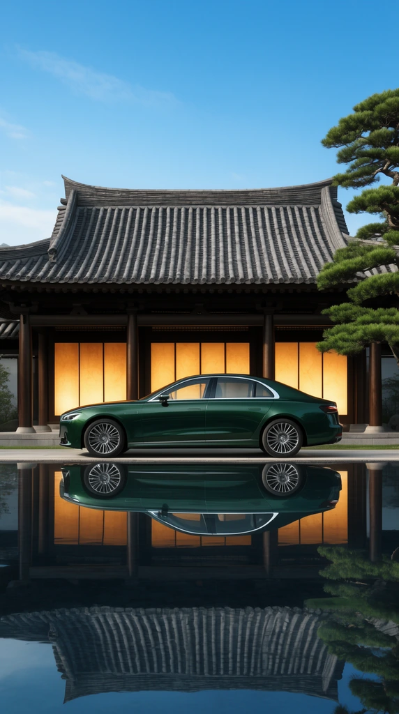 A sleek dark green luxury sedan parked in profile before a traditional East Asian pavilion with dark wooden pillars, a sweeping grey tiled roof, and glowing amber screens. A perfectly still pool in the foreground creates a flawless symmetrical mirror reflection of the vehicle and the illuminated architecture. A manicured pine tree frames the right edge against a bright blue sky. The crisp commercial composition emphasizes rich color contrast between the cool daylight and warm interior glow.