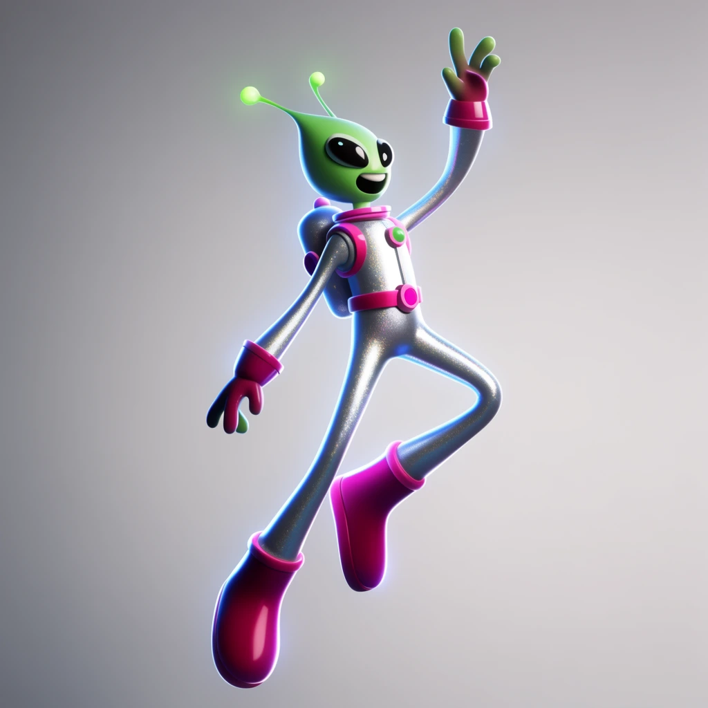 stylized 3D render of a lanky alien with exaggerated elongated limbs, mid-leap anti-gravity pose reaching upward, shimmering silver spacesuit with neon pink accents, oversized magenta boots, teardrop-shaped head with glowing green antennae, smooth glossy vinyl toy aesthetic, striking blue rim light defining the silhouette, dramatic studio lighting, soft light gray gradient background, expressive character design