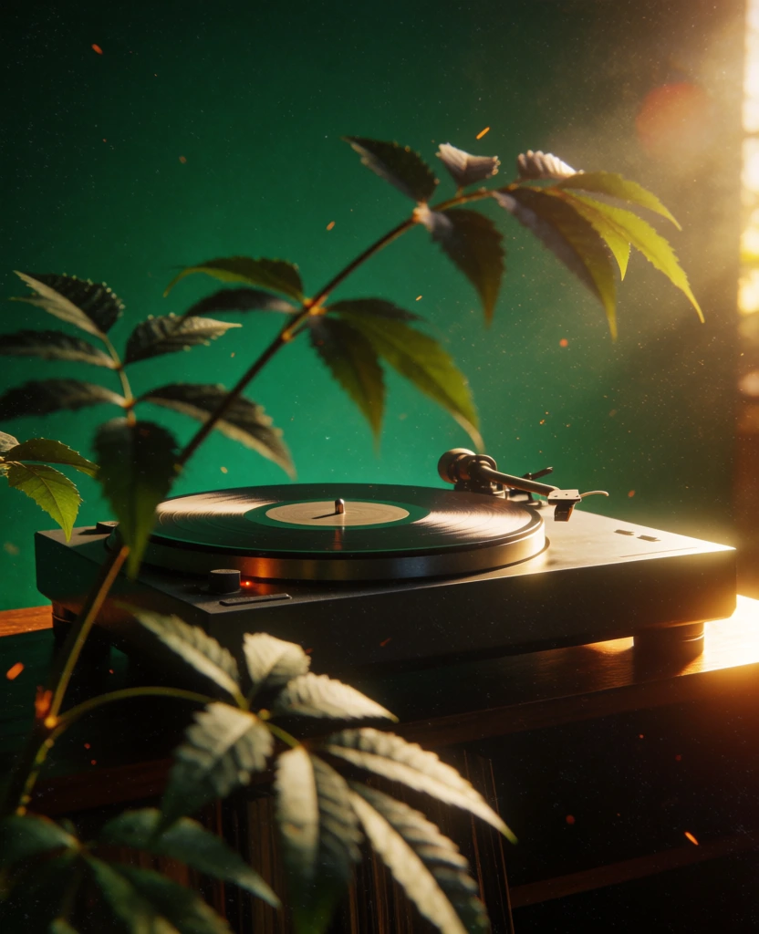 low-angle vertical shot, vintage vinyl record on a turntable with tonearm, lush leafy vine across bottom foreground in soft focus, dramatic volumetric crepuscular rays, warm golden light catching a swarm of glowing orange floating particles and iridescent dust motes dancing in the air, ethereal magical realism, rich amber and emerald color palette, high-contrast chiaroscuro, hazy atmospheric depth, soft matte textures, cinematic analog grain.