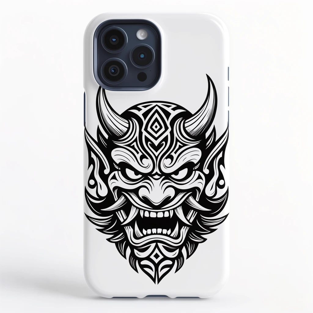 A white smartphone case resting on a bright white surface features a bold, symmetrical black-and-white graphic of a stylized, horned demonic mask with fierce fangs and intricate tribal patterns. A rounded dark camera module with multiple lenses sits in the top left corner.