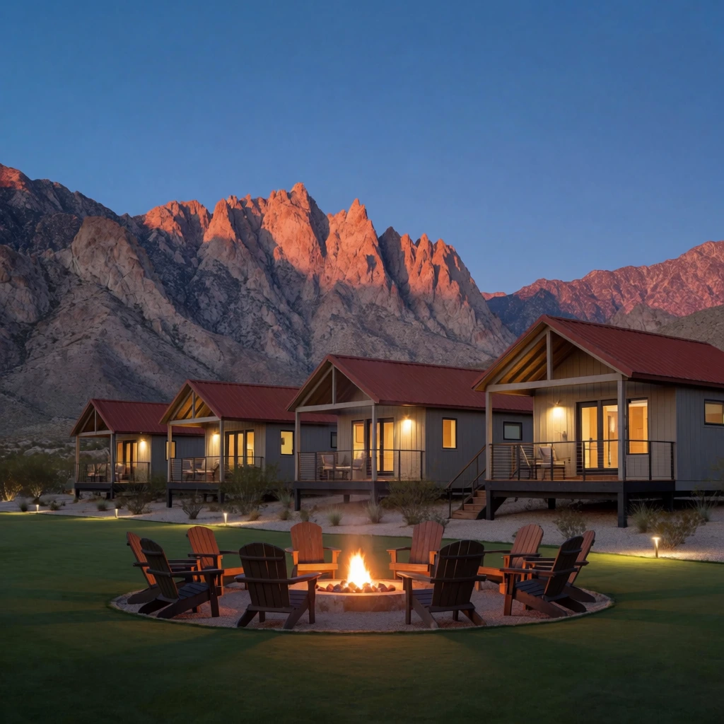 A twilight landscape features a row of modern elevated cabins facing a circular fire pit under a deep blue sky. A central burning fire is surrounded by a ring of dark wooden Adirondack chairs set into a smooth green lawn illuminated by low ground lights. The raised cabins display grey siding, rust-red gable roofs, covered porches, and warm yellow interior lights glowing through windows, nestled amidst gravel and desert shrubs. Towering behind the structures, massive jagged desert mountains rise sharply, their rugged peaks glowing intensely in pinkish-orange alpenglow. The wide-angle architectural photography balances cool ambient twilight with warm artificial illumination, emphasizing the contrast between the manicured foreground and the wild mountain backdrop.