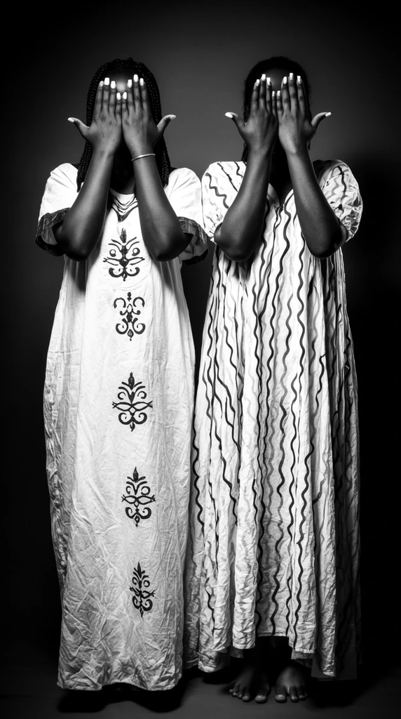 A high-contrast black-and-white studio portrait features two women standing side-by-side, completely obscuring their faces with flat palms and upward-pointing fingers. The left woman wears a long, loose white dress adorned with dark, stylized symmetrical motifs, sporting braided hair and a thin bracelet. The right woman is dressed in a flowing white gown patterned with wavy vertical dark lines, her bare toes visible at the hem. Dramatic spotlighting illuminates the crinkled fabrics and light-painted fingernails against a stark, dark backdrop, casting deep, heavy shadows behind the figures in a straight-on, full-body composition.