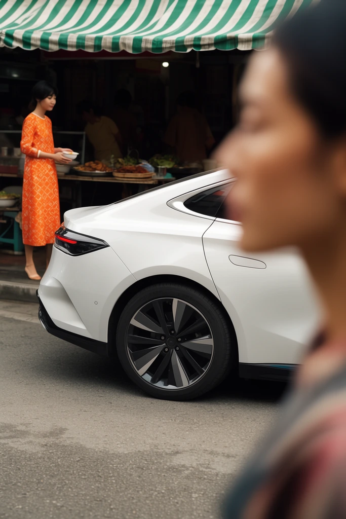 sleek white aerodynamic sedan on a paved street, extreme foreground bokeh featuring a heavily blurred human profile on the right, shallow depth of field, background reveals a woman in a vibrant orange geometric dress holding a bowl at a food stall, green and white striped awning, soft natural daylight, cinematic commercial street photography