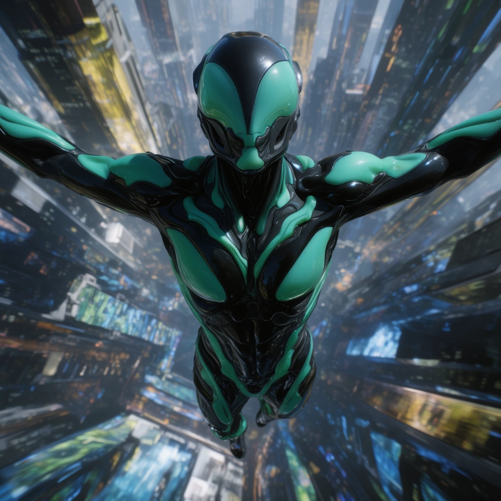 A cybernetic figure in a sleek black and neon teal biomechanical suit free-falls vertically with outstretched arms. The suit features a smooth insectoid visor and streamlined organic plating. The character descends rapidly through a towering futuristic cityscape of glowing geometric structures. Cinematic lighting highlights the glossy armor against the vibrant cityscape backdrop in a dynamic low-angle perspective with photorealistic rendering.