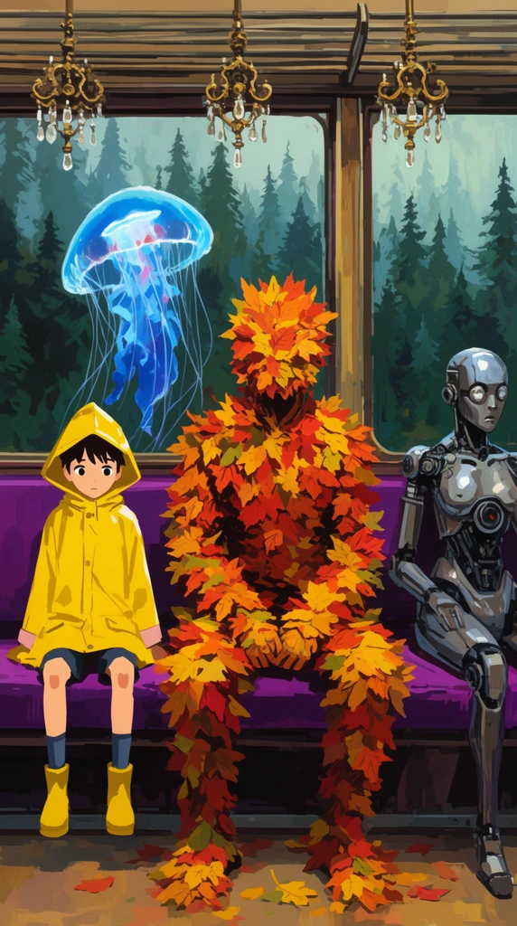 A street art mural shows a boy in a yellow raincoat beside a towering humanoid made of autumn leaves on a purple train bench. A glowing blue jellyfish hovers nearby. To the right sits a motionless metallic cyborg. Ornate brass chandeliers hang above. Large windows frame a dense misty pine forest. The illustrative anime-style artwork uses flat vibrant colors and bold brushstrokes.