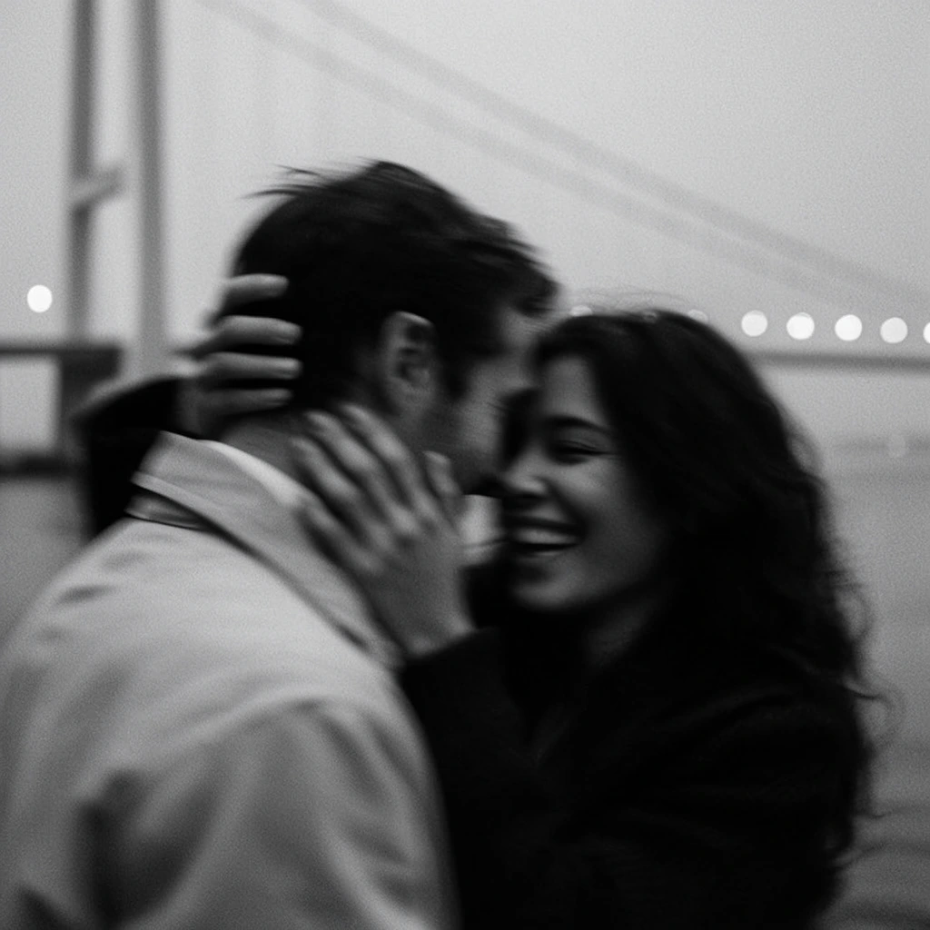 A black-and-white photograph captures a blurred, intimate embrace between a laughing woman and a man. The woman has dark wavy hair and a joyous smile, her hands wrapped tenderly around the man's head. The man, seen from behind in a light jacket, leans in with their faces pressed together. Behind them, a suspension bridge fades into a misty sky alongside a glowing row of out-of-focus lights over water. High-contrast monochrome, prominent film grain, significant motion blur, and a shallow depth of field create a fleeting, nostalgic cinematic atmosphere.