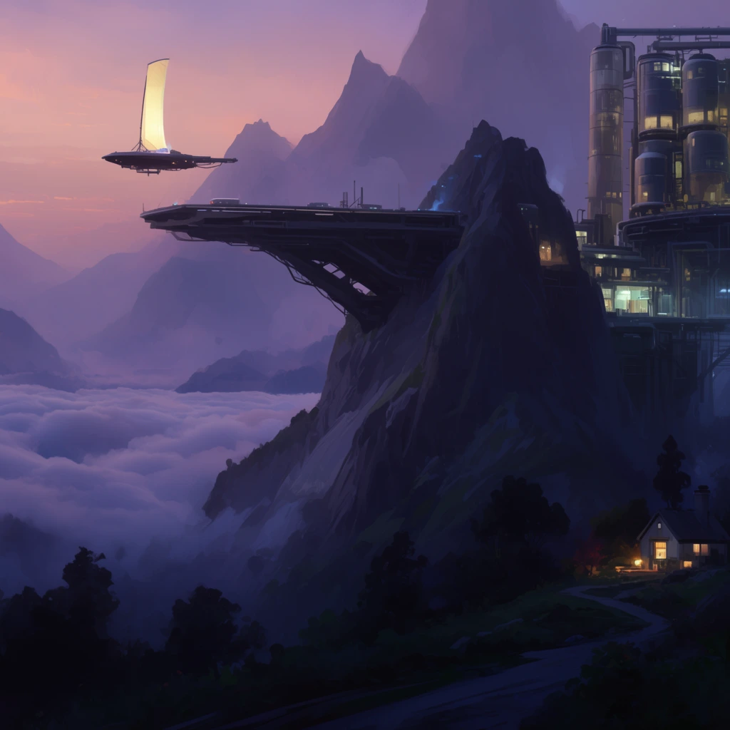 A futuristic industrial complex is built into steep mountain peaks above a dense sea of clouds at twilight. A massive cantilevered platform extends from a craggy summit, accompanied by a hovering flying vessel with a glowing vertical sail. To the right, a towering structure features lit windows and cylindrical tanks. Below, a small illuminated cottage sits near a dark winding path. Jagged mountains fade into a hazy purple and orange sky in this atmospheric digital painting.