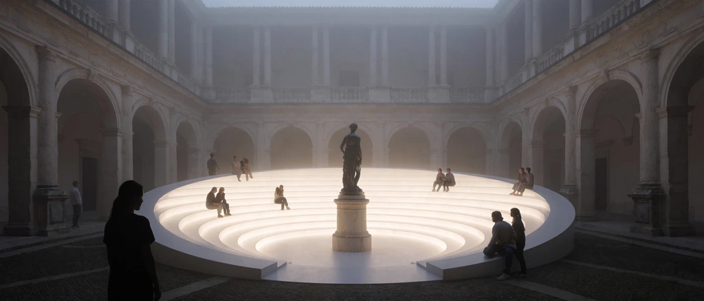 A luminous, circular amphitheater installation glows within a hazy, classical stone courtyard. The modern structure features concentric rings of bright white tiered seating that slope downward to a central stone pedestal holding a dark bronze statue of a standing figure. Small people sit and stand around the illuminated steps, while a silhouetted figure in the foreground observes the scene. The surrounding historical architecture is shrouded in atmospheric fog, displaying pale archways, grand colonnades, and an upper gallery. This architectural visualization employs soft, diffused ambient lighting and a wide-angle composition to emphasize the ethereal glow of the contemporary bowl against the shadowy, monochromatic environment.