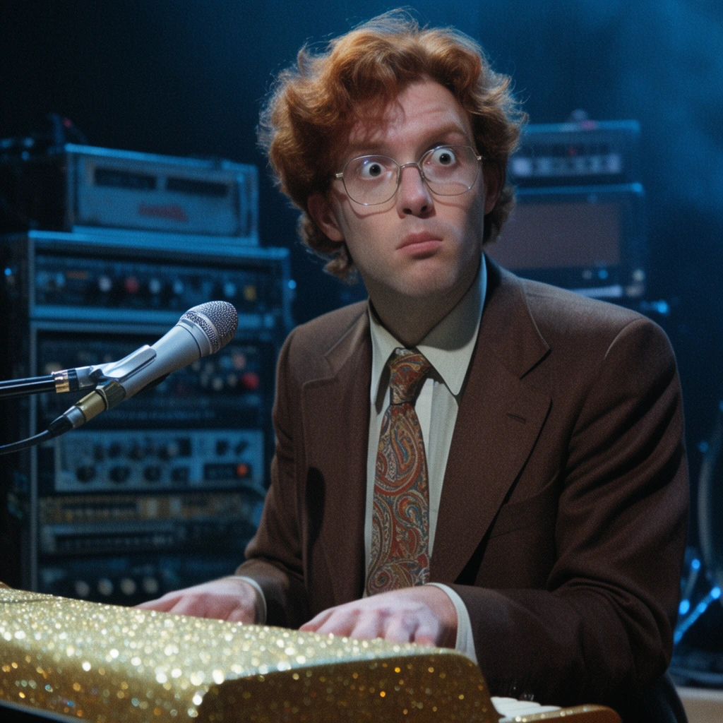 vintage musician playing electric organ, man with wavy reddish-brown hair and wire glasses, brown suit jacket and paisley tie, wide-eyed expression looking off-camera, sparkly gold keyboard, silver microphone in foreground, dimly lit concert stage, out-of-focus audio equipment racks, cool blue cinematic lighting, grainy film texture, shallow depth of field