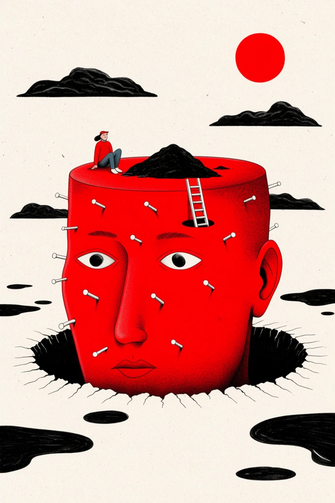 A surreal illustration of a giant, flat-topped red head emerging from a jagged black hole in a textured, off-white landscape. A tiny figure sits on the head's rim beside a black dirt mound and a ladder rising from a small opening. White pegs pierce the giant's face. The stark scene features scattered black puddles, stylized dark clouds, and a solid red sun. Rendered in a minimalist palette of red, black, and cream, the artwork uses stippled shading and a grainy ink-drawing style.