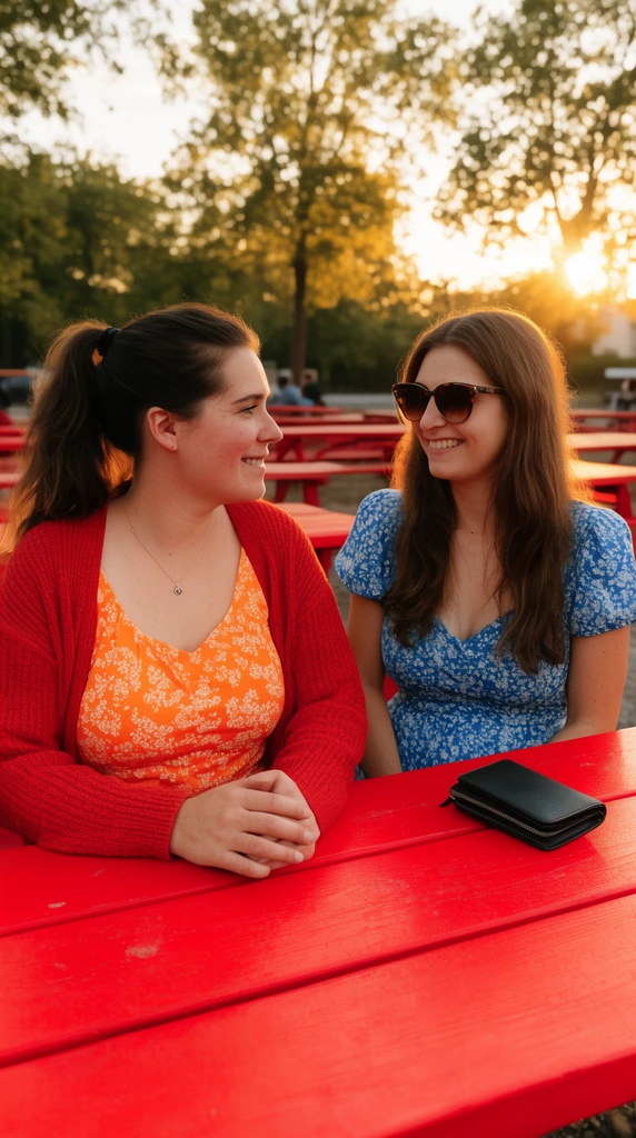 Two smiling women sitting at a bright red picnic table outdoors at sunset, one woman in an orange floral top and red cardigan with a ponytail looking at the other woman in a blue floral dress with long brown hair, sunglasses and a wallet on the table, trees and more red picnic tables in the background, golden hour lighting, casual outdoor portrait.