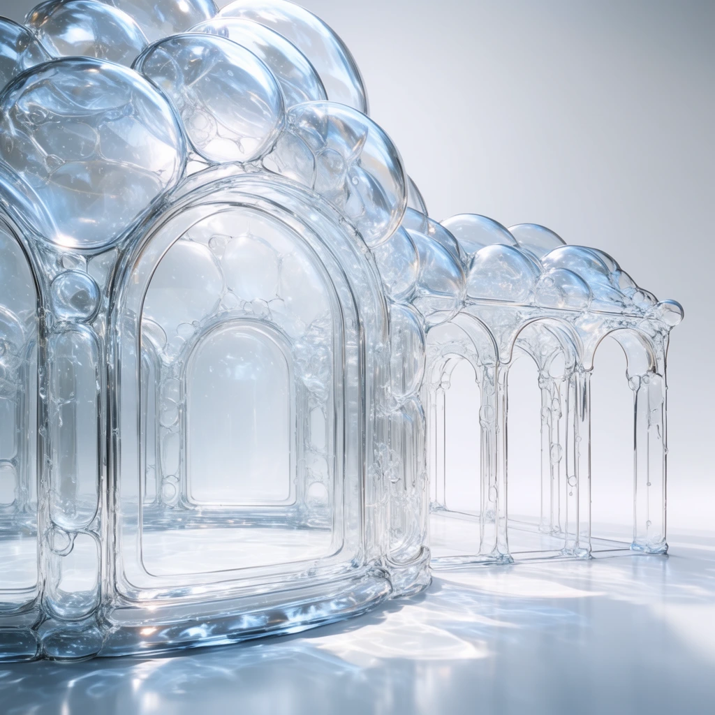 A building with large arched windows and a series of smaller arches extending outwards, constructed entirely from clear, interconnected liquid bubbles and diaphanous glass-like membranes. The architectural structure is formed completely by transparent, spherical shapes of varying sizes, merging together to define the sweeping curves of the large central windows and the repeating geometry of the extending arcade. The fragile, soapy material of the building is highly refractive, displaying crisp specular highlights and brilliant, icy blue and silver reflections along the curved edges of each bulbous form. Thin, delicate liquid outlines connect the spherical volumes, creating the structural framework of the arches. The translucent architecture rests on a smooth, reflective white surface, casting intricate caustic light patterns and soft, distorted shadows onto the ground. The background is a pristine, seamless white and pale cool-gray gradient, illuminated by bright, clinical top-lighting that emphasizes the glossy, wet, hyper-realistic 3D rendering of the transparent bubble architecture.