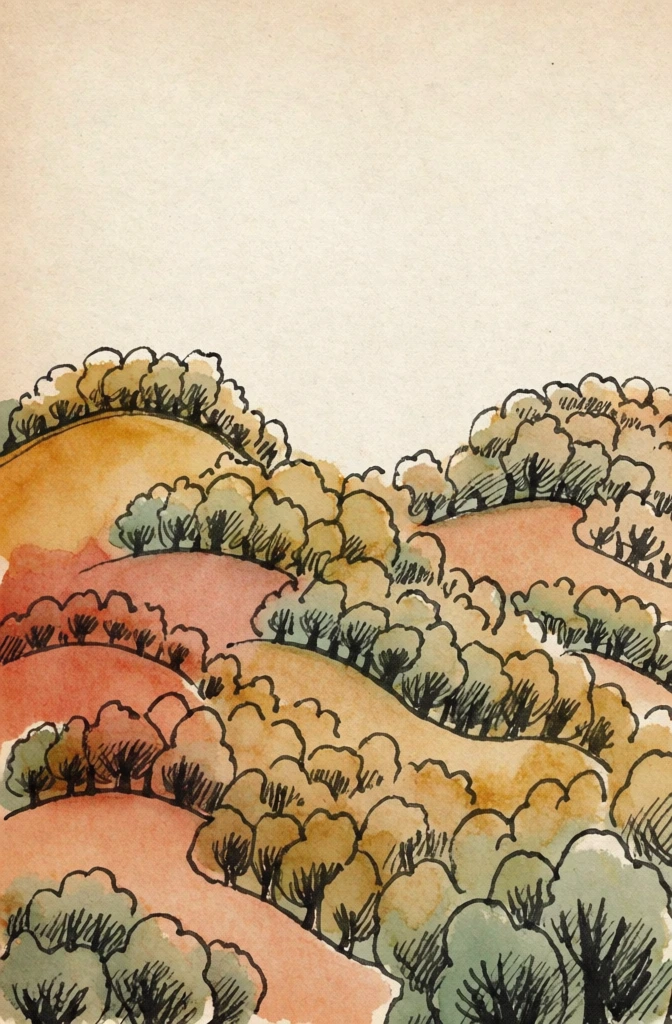 vintage editorial illustration in the style of a 1970s the new yorker magazine cover, featuring rolling wave-like hills covered in clusters of trees, rendered with loose black ink outlines and textured watercolor washes, warm earthy palette of ochre, terracotta, and sage green, soft grainy paper texture, charmingly sketchy and hand-drawn aesthetic, flat perspective with subtle cross-hatching, reminiscent of george booth's pen and wash technique, nostalgic and gentle atmosphere