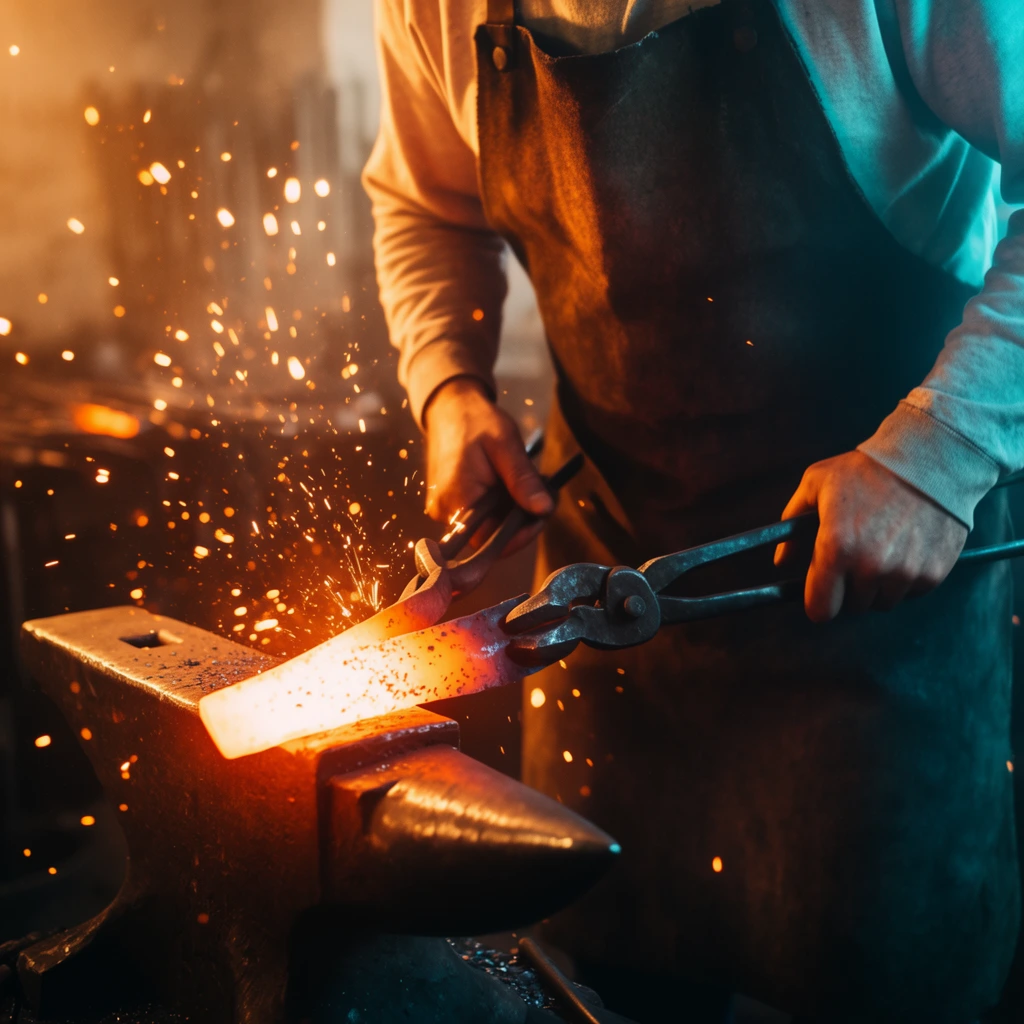 A blacksmith shapes a glowing piece of white-hot metal on a dark anvil amidst a flurry of flying sparks. Gripping heavy iron tongs, the worker's hands press the incandescent flat steel against the rough edge of the block. The figure wears a thick, dark apron over a light-colored long-sleeved shirt. Bright orange embers spray upward into the hazy, blurred workshop background. This tight, mid-torso close-up utilizes a shallow depth of field and dramatic cinematic dual-tone lighting. An intense fiery orange glow from the hot metal illuminates the left side, sharply contrasted by a cool cyan rim light on the right arm and apron. High-speed photography freezes the dynamic embers, capturing the gritty industrial energy of the forge.