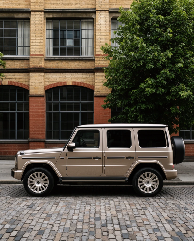 side profile of a metallic champagne boxy luxury SUV on a cobblestone street, horizontal black side trim, multi-spoke wheels, rear spare tire, background of a tan and red brick building with large multi-pane windows, lush green tree, soft daylight, realistic urban photography