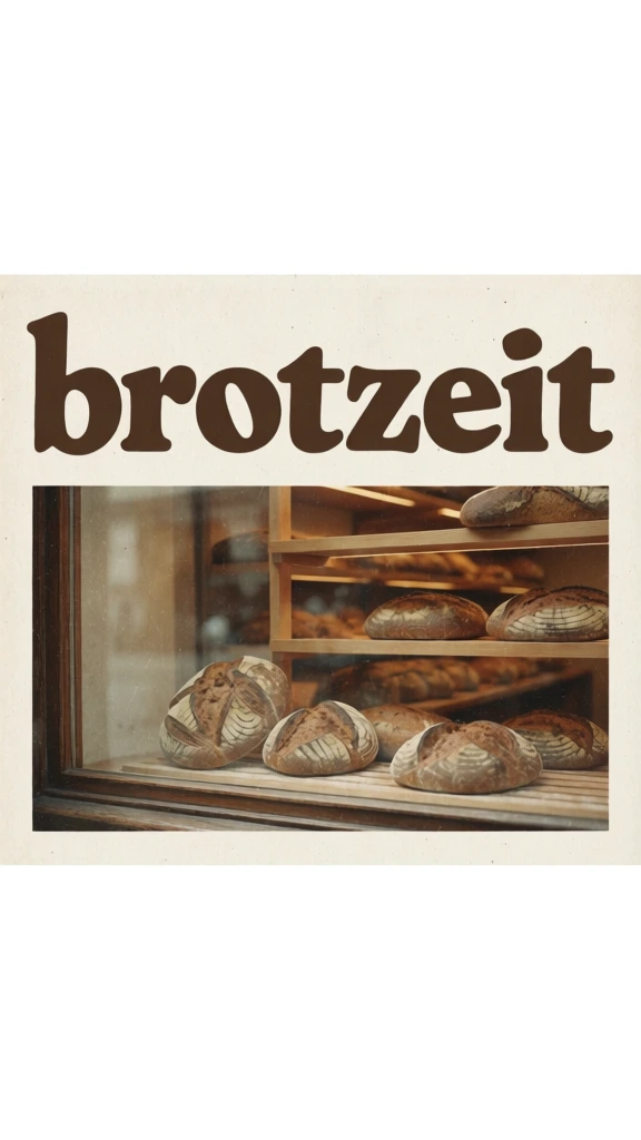 vintage 1960s magazine advertisement style, large bold chunky serif typography at the top reading "brotzeit", central composition featuring a warm bakery window display with artisanal bread, warm grainy analog film texture, muted earth tone palette of mustard yellow, toasted brown, and cream, soft diffused studio lighting, high contrast with soft edges, weathered paper texture, nostalgic layout with justified body copy, professional 1970s commercial studio photography.
