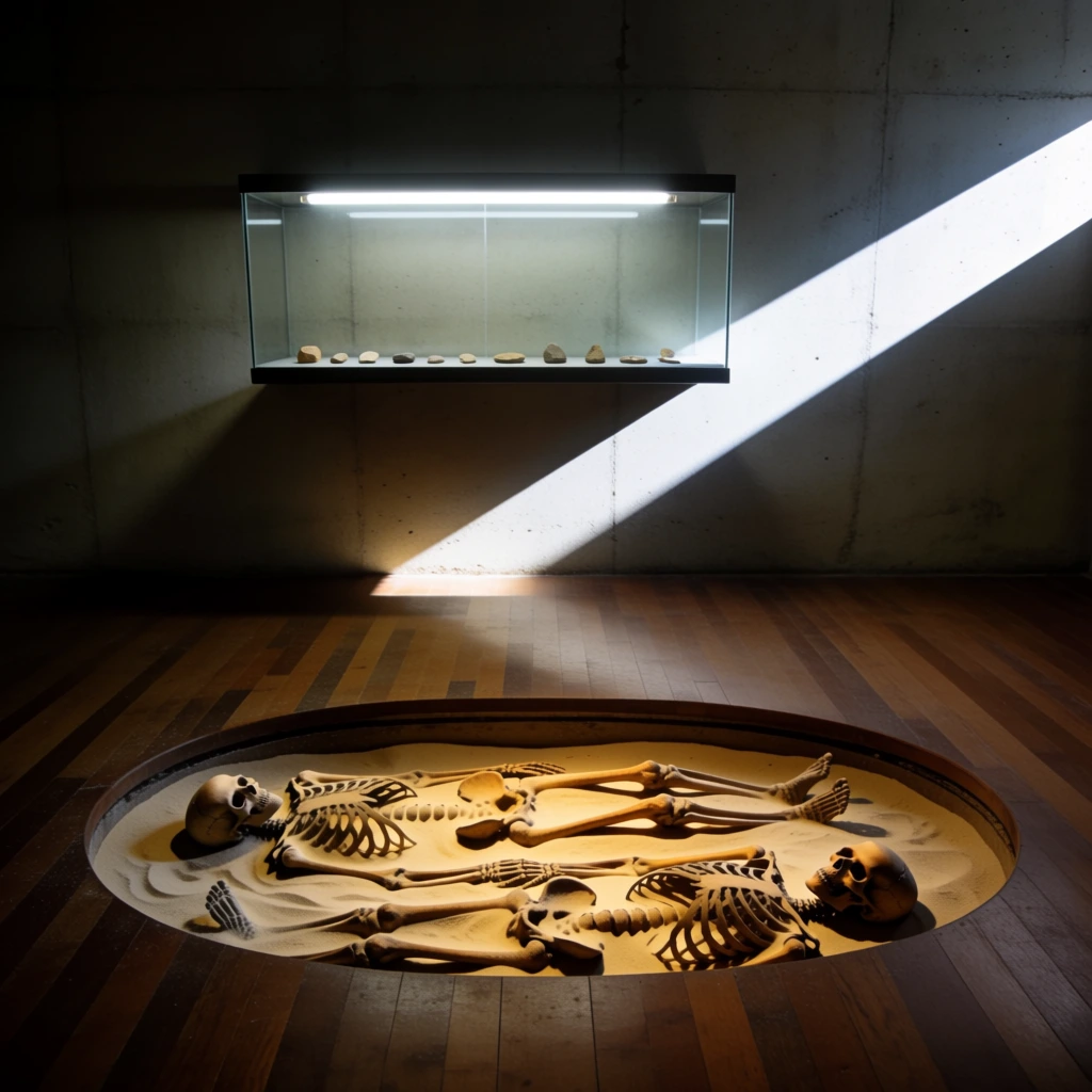 A sunken oval display pit in a hardwood floor contains two human skeletons partially buried in pale sand under warm illumination. Behind it, a minimalist glass case mounted on a textured concrete wall displays small stone artifacts. A harsh white fluorescent tube inside the case casts a sharp, dramatic diagonal beam of light across the darkened wooden floor, creating high-contrast shadows.