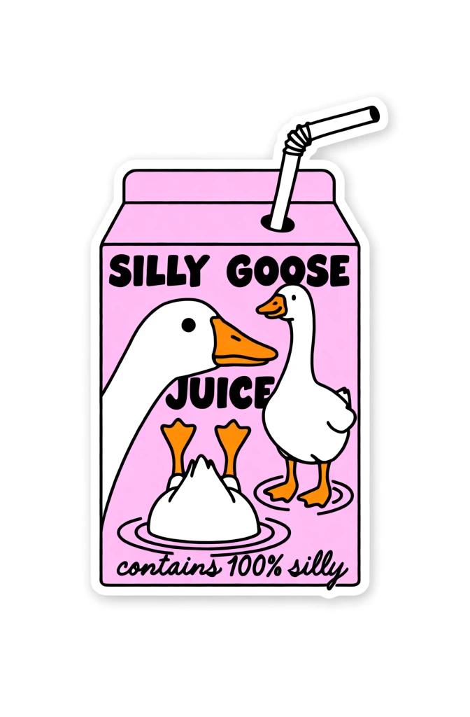 A light pink cartoon juice carton sticker titled "SILLY GOOSE JUICE" features three white geese in playful poses against a minimalist background. The rectangular carton has a peaked top with a white and black striped bendy straw protruding from the right side. On the front of the carton, a large goose's head and long neck enter from the lower left, facing right with an orange beak and a small circular black eye. In the center, a smaller white goose stands upright, looking toward the left with a subtle smile on its orange beak and two orange legs. Below these, a third goose is depicted upside down, with only its white tail and two orange webbed feet sticking straight up, surrounded by black concentric ripple lines. The words "SILLY" and "GOOSE" are written in bold, black, sans-serif capital letters at the top, while "JUICE" is positioned in the middle, partially obscured by the large goose's neck. Along the very bottom edge of the carton, the phrase "contains 100% silly" is written in a black, cursive, handwritten font. The entire illustration is rendered in a flat, two-dimensional style with bold black outlines and a limited color palette of pink, white, orange, and black. The sticker has a thin white border and casts a soft, subtle grey shadow onto the plain white surface beneath it.