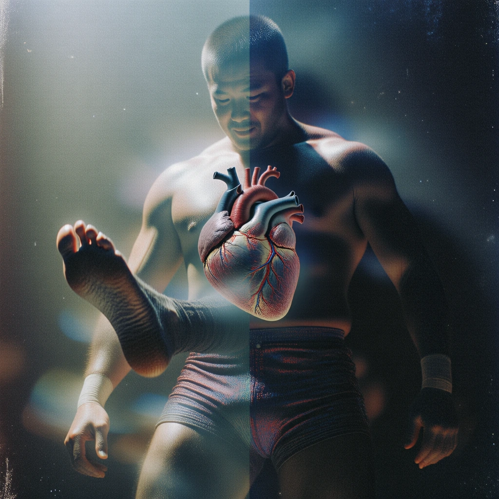 cinematic analog film aesthetic with heavy grain and atmospheric noise, a muscular male wrestler divided vertically down the center, a floating anatomical heart being kicked by a foot in mid-air, moody teal and deep amber lighting, ethereal soft focus haze, dramatic overhead highlights, deep shadows, vintage dreamlike texture, high-contrast glow, surrealist composition, gritty filmic patina, dark blue tones, evocative cinematic blur, high-quality analog photography style.