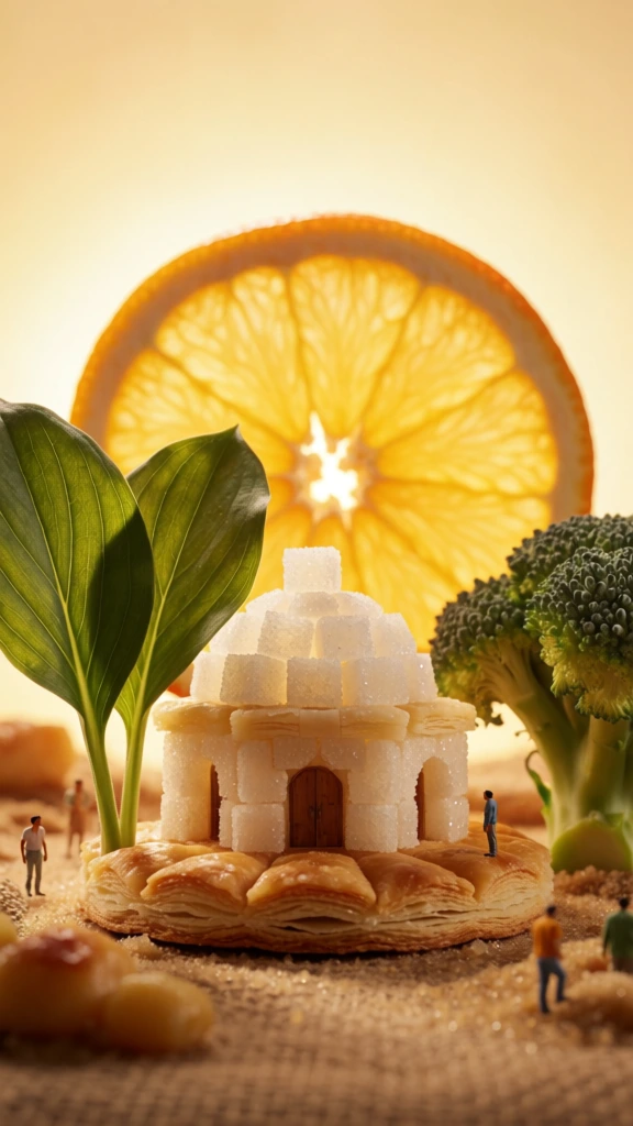 macro photography, miniature set design using food, a central building with a domed roof made of crystalline sugar cubes, two large broad green leaves to the left, a textured broccoli floret acting as a tree to the right, a large glowing translucent citrus slice as a sun in the background, warm golden backlighting, shallow depth of field with soft bokeh, sandy burlap ground texture, tiny human figures for scale, monochromatic amber and green color palette, cinematic ambient atmosphere