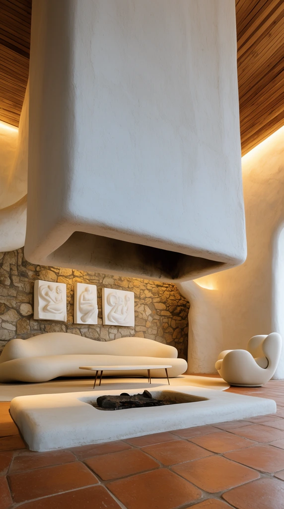 A monumental, suspended white plaster fireplace anchors an organic modern living space, its massive rectangular volume hovering over a matching raised hearth. Viewed from a low angle, the fireplace opening frames a rustic stone wall displaying three white relief sculptures above a low-slung biomorphic cream sofa and slender coffee table. To the right, a sculptural armchair sits on large terracotta floor tiles. Warm ambient lighting from a wood-slat ceiling washes over textured walls, highlighting the contrast between the heavy architectural geometry and soft, curved furnishings.
