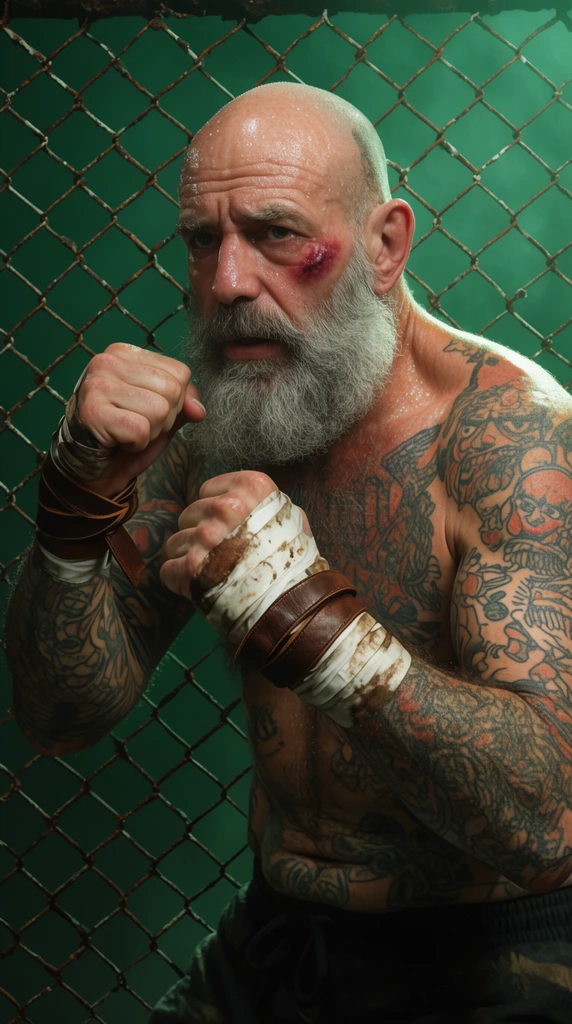 An older, heavily tattooed bald fighter with a thick grey beard stands tensely behind a rusted chainlink fence. His hands are bound in stained leather straps and tape, raised in a defensive guard. A fresh bruise marks his cheek as sweat glistens across his bare chest. The background fades into a smoky emerald green void. Captured in a cinematic medium shot with harsh overhead lighting emphasizing rugged textures.