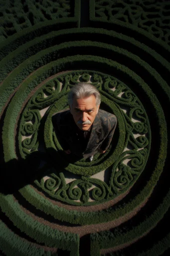 Surrealist Topiary Labyrinths style reference image — mysterious solitary figure