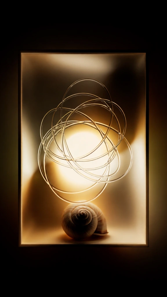 tangled circular loops floating delicately above a detailed snail shell, enclosed within a minimalist rectangular frame, illuminated by a central warm amber glow, soft-focus light bloom effect, high-contrast cinematic lighting, deep black background, ethereal and atmospheric aesthetic, golden yellow highlights, smooth gradients, moody composition, sophisticated texture.