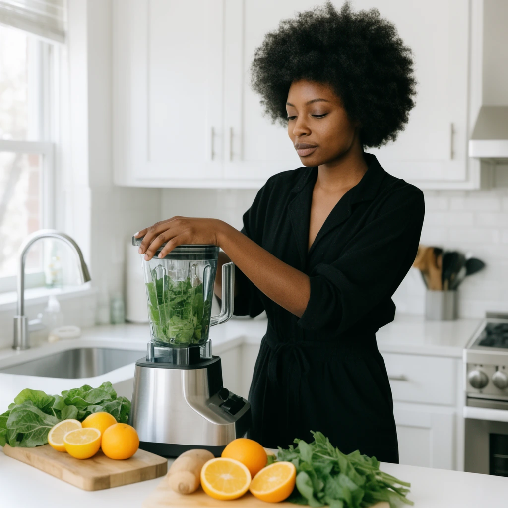 Black woman with a natural afro in a black jumpsuit using a blender, bright modern white kitchen, fresh citrus and greens on a white counter, natural daylight, lifestyle photography